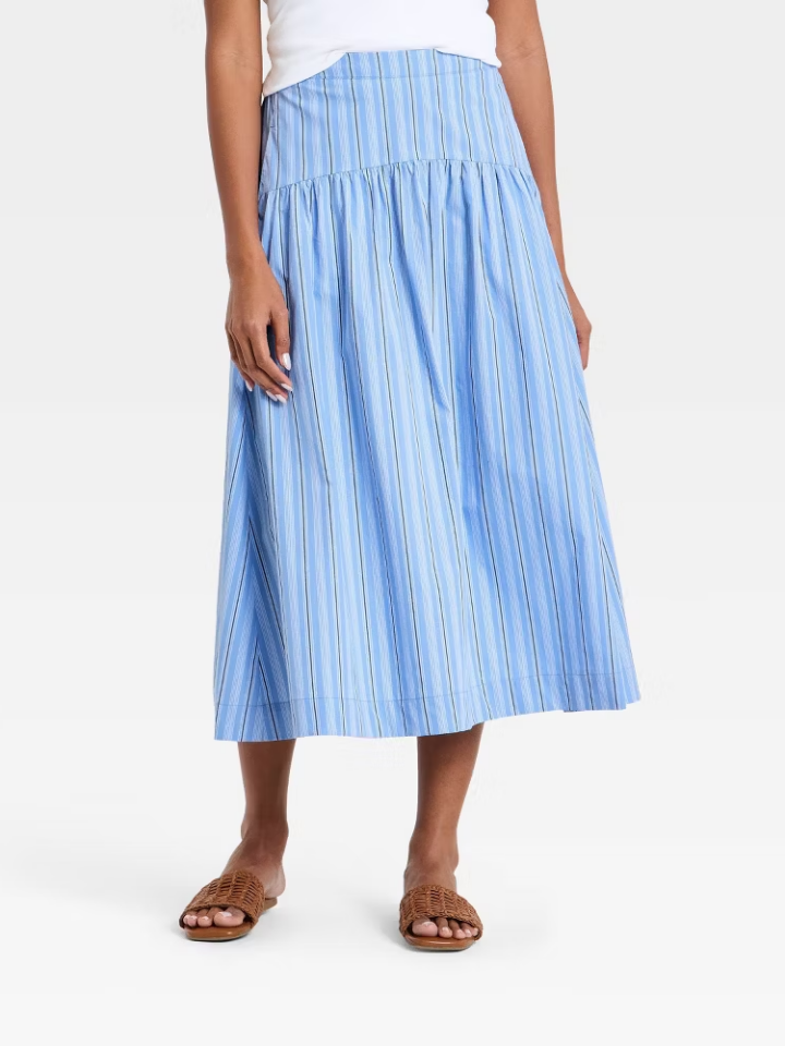 Women Resort Poplin Drop Waist Midi Skirt - A