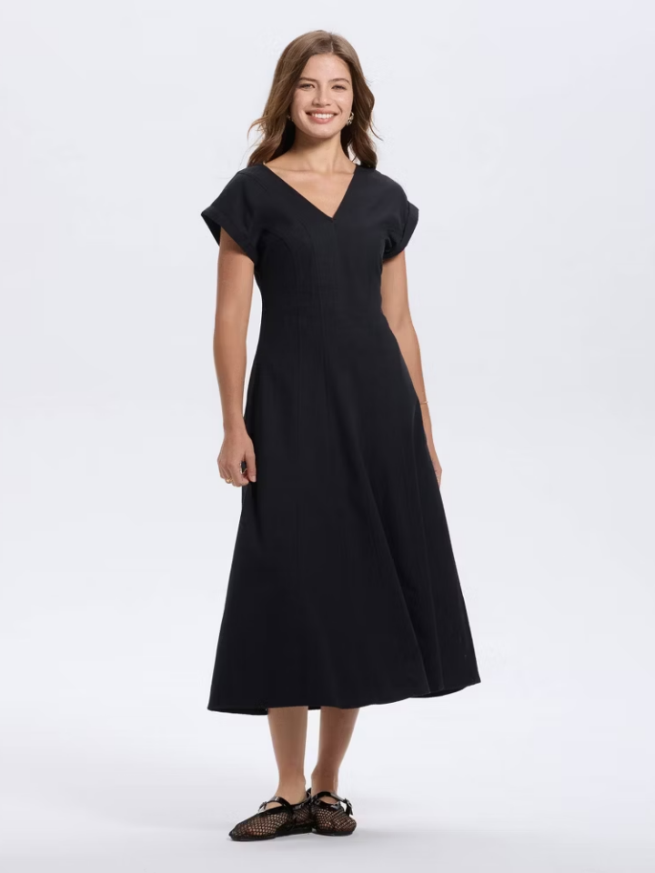 Women Short Sleeve V-Neck Midi A-Line Dress - A
