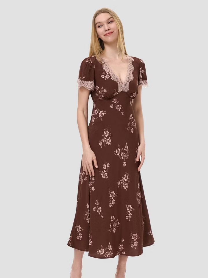 Women Cap Sleeve Lace Trim Midi Dress - A
