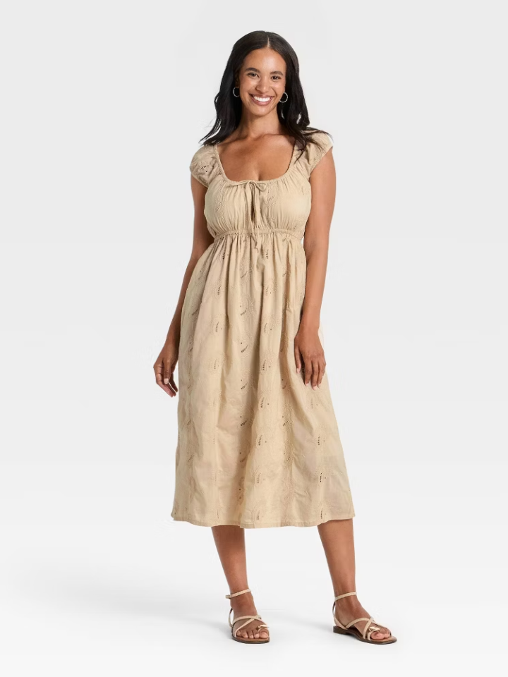 Women Cap Sleeve Eyelet Midi Sundress - Universal