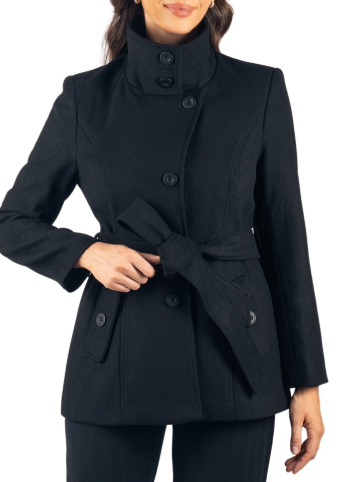 Alpine Swiss Bella Womens Belted Blazer Button up Wool Coat Funnel Neck Jacket